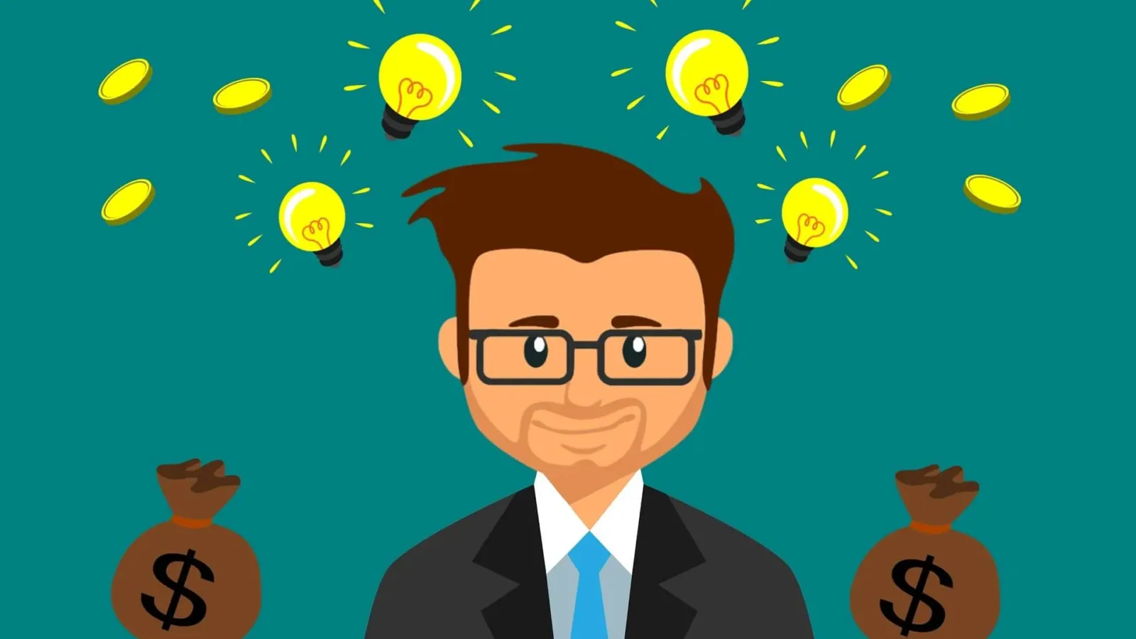 Illustration: Mann mit Brille zwischen Geldsäcken und Glühbirnen – welcher Anlagetyp bin ich?
