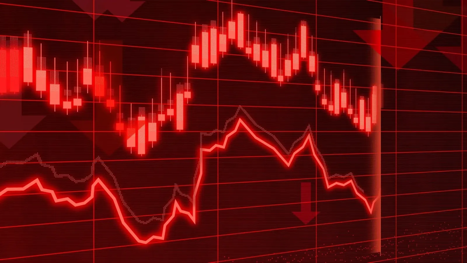 Roter Kerzen-Chart mit deutlichem Kurseinbruch auf einem Bildschirm